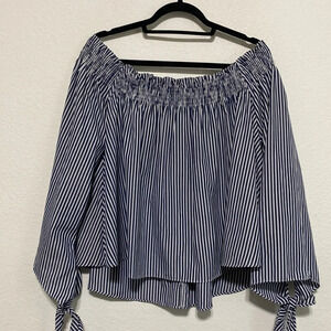 Areo + Otto Navy White Striped Off Shoulder Long Sleeve Blouse